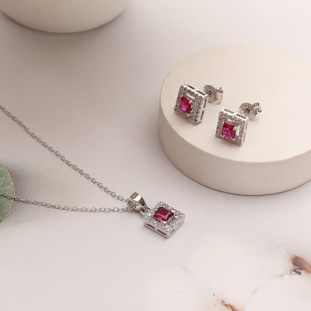 Evika Ruby Silver Pendant Set - Main Image